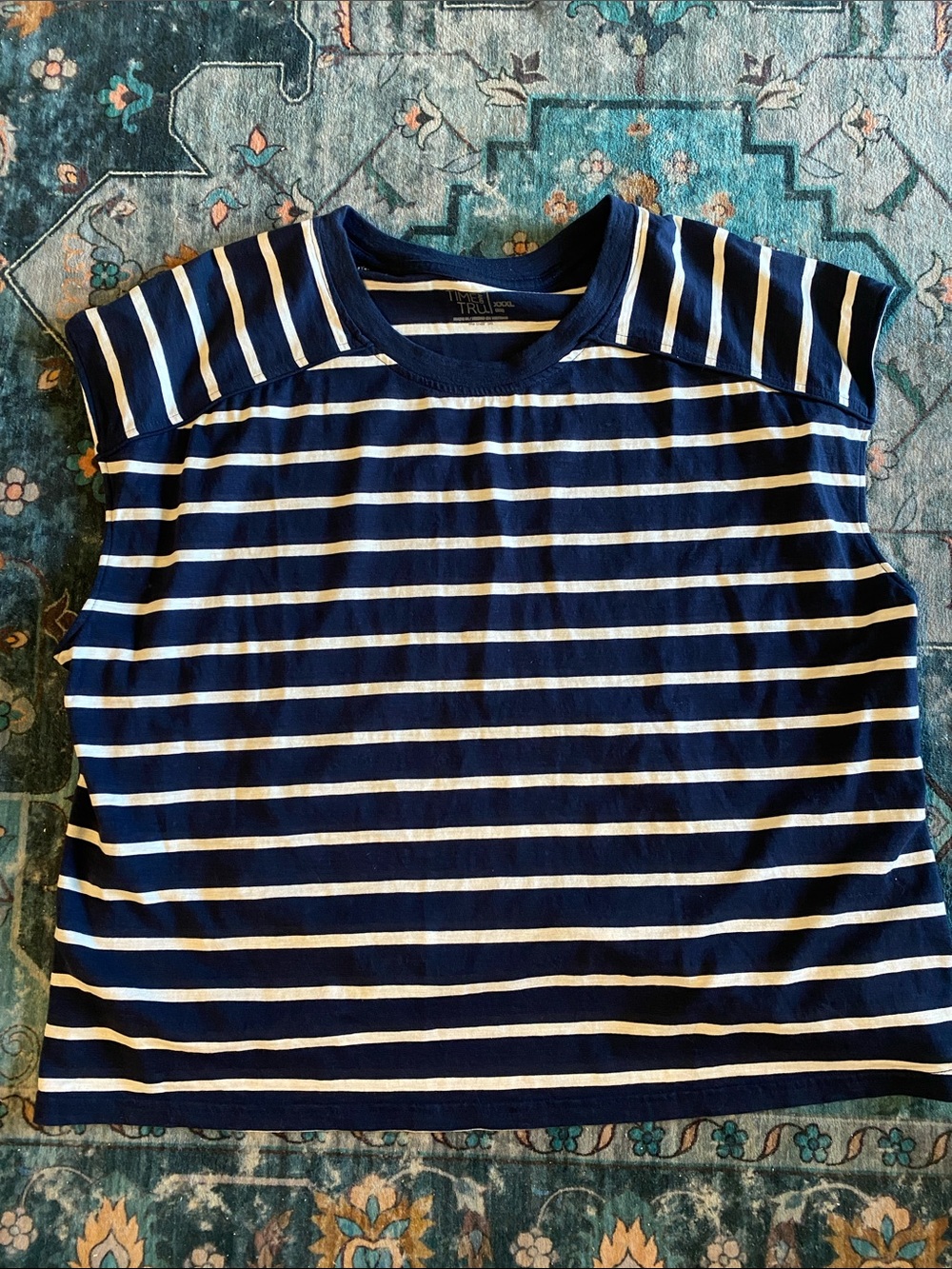 Time and Tru Navy & White Striped Short Sleeve Tee